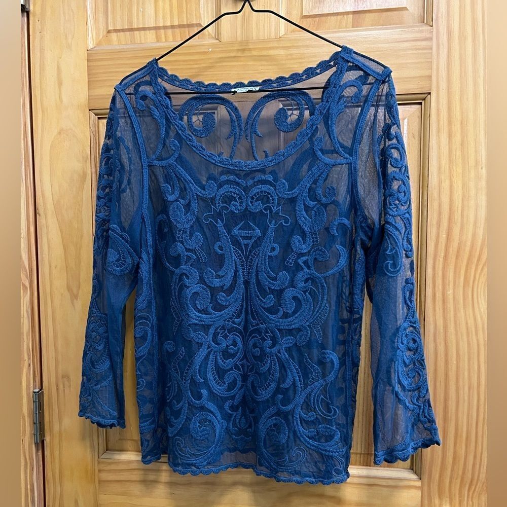 Express size Med. blue sheer embroidered blouse - Picture 1 of 6